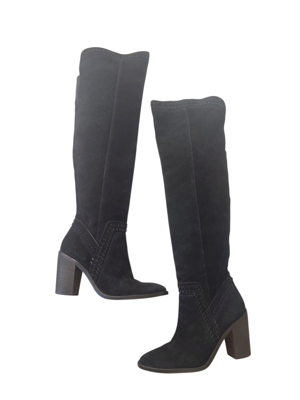 Vince Camuto Black Suede Woven Over-the-Knee Block Heel Boots